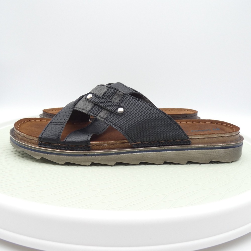 Inblu Buga Mens EUR 46 Summer Slippers Black Leather Cross Band Slip On Casual